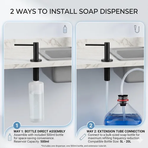 Miniatura 4 de Dispensador de jabón para fregadero de cocina, dispensador de jabón negro integrado, bomba de jabón de acero inoxidable con tubo de extensión de 40