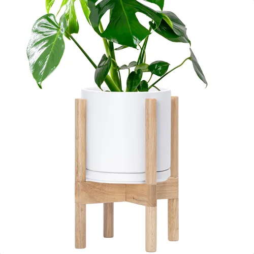 Miniatura 72 de D'vine Dev Maceta de cerámica con soporte de ébano – Maceta redonda moderna de 8 pulgadas con soporte para maceta de madera, color negro, 55-B-M-2