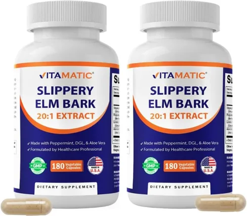Vitamatic Barra de olmo resbaladizo de 500 mg con menta 100 mg, DGL 100 mg y aloe vera 100 mg – Vegano, sin OMG – 180 cápsulas – Paquete de 2 (360