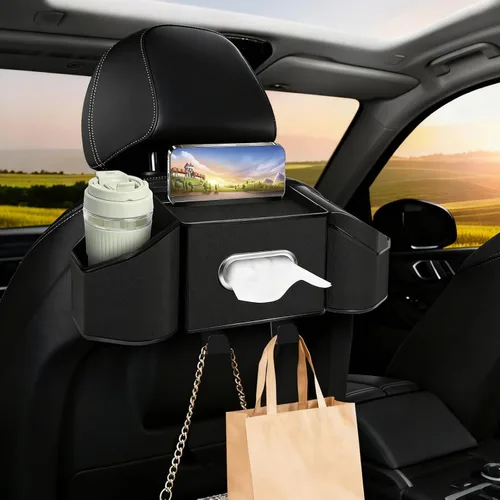 Organizador de respaldo de asiento de automóvil 7 en 1 con portavasos, caja de pañuelos, cubo de basura y ganchos, organizador de almacenamiento