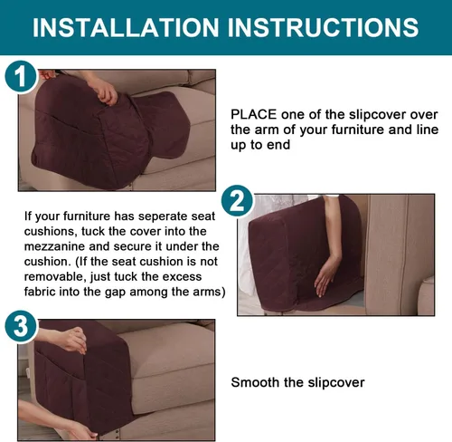 Miniatura 5 de Fundas impermeables para reposabrazos para sillones y sofás, fundas para brazos de sofá para sofá, paquete de 2 con bolsillo lateral, funda Marrón