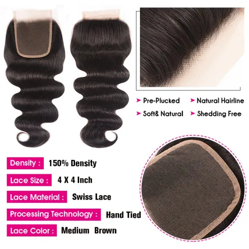 Miniatura 4 de Paquetes de Ondas Corporales con Cierre para Mujeres Negras (10 12 14+10) 100% Cabello Humano Brasileño de Ondas Corporales Sin Procesar 3 Paquetes
