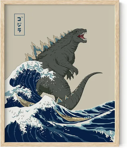 Miniatura 38 de HAUS AND HUES Arte de pared japonés - Póster de rey de monstruos, gran ola, marco negro, 12 x 16 pulgadas Gran Ola Vs. Godzilla