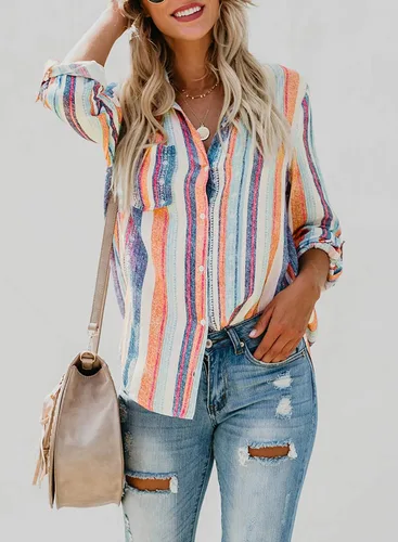 Miniatura 3 de Astylish - Camisa a rayas para mujer con cuello en V, blusa con mangas enrollables y botones