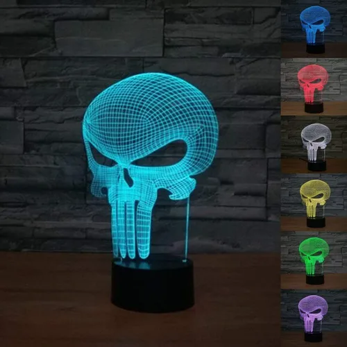 Punisher Cráneo 3D Luz Nocturna 7 Cambio de Color LED Lámpara de Escritorio Botón Táctil Decoración de Habitación