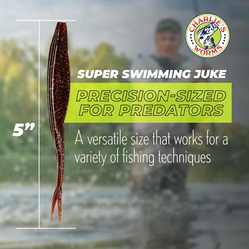 Miniatura 5 de Charlie's Worms Cebo de pesca artificial, súper juke de natación de agua dulce y salada, señuelos de pesca perfumados suave cebo 8 unidades Rojo