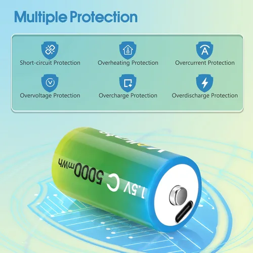 Miniatura 4 de Paquete de 4 baterías C, baterías de litio recargables USB con cable de carga, batería C tamaño LR 14 1.5V 5000 mWh, batería tipo C