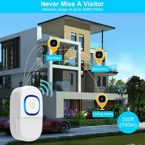 Miniatura 6 de Kit de timbre inalámbrico para el hogar, 5 niveles de volumen con 32 campanillas, timbre de puerta impermeable de rango de 300 pies, flash LED