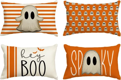 Miniatura 8 de AVOIN colorlife Juego de 4 fundas de almohada de Halloween Hey Boo con diseño de fantasma, 16 x 16 pulgadas, para sofá