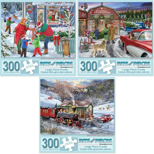 Bits and Pieces Juego de tres rompecabezas de 300 piezas para adultos – Hogar para las fiestas rompecabezas por Artist Bigelow Illustrations, tamaño