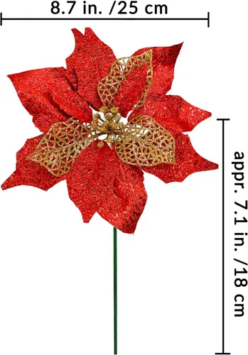Miniatura 3 de Juego de 20 flores de pascua de 8.7 pulgadas de ancho, 3 capas de flores de Pascua rojas con purpurina, adornos para árbol de Navidad rojo, coronas