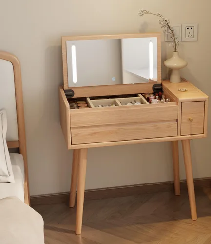 Miniatura 9 de KungFuWood Escritorio de tocador de maquillaje con 3 modos de iluminación, escritorio de tocador de madera maciza con espejo, mesa de tocador con 4