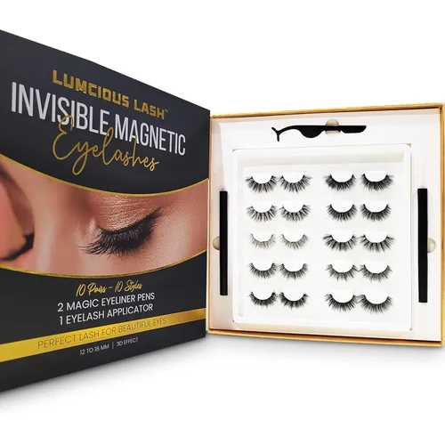 Miniatura 10 de Kit de pestañas magnéticas invisibles y delineador de ojos, 10 pares de pestañas postizas de aspecto natural con 2 bolígrafos magnéticos mágicos