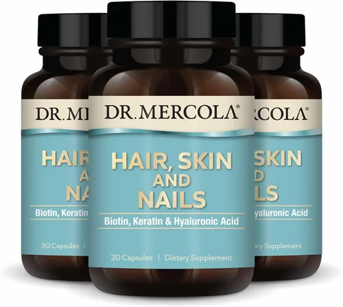 Dr. Mercola Cabello, piel y uñas (paquete de 3) 30 cápsulas (30 porciones), con biotina, queratina solubilizada y ácido hialurónico de baja