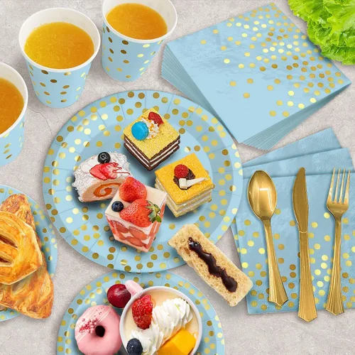Miniatura 4 de AIRE 175 piezas de platos de papel azules y dorados, juego de vajilla para 25 invitados, decoraciones para fiestas, platos de papel, suministros
