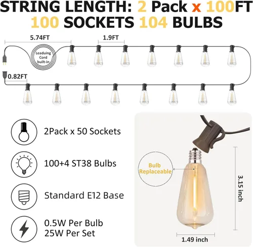 Miniatura 2 de 200 pies de luces de cadena LED al aire libre Edison para exteriores, impermeables, 2200K, luces de patio con 104 bombillas de plástico