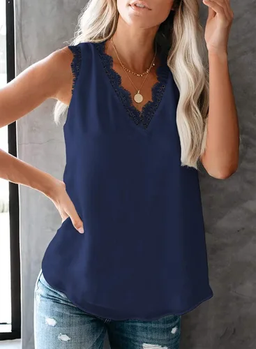 Miniatura 55 de VIISHOW - Camiseta sin mangas, sexy, con cuello en V y bordes de encaje para mujer, camisola de vestir, camisas de gasa, sin mangas, casuales