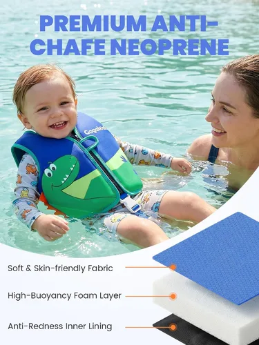 Miniatura 4 de Gogokids Chaleco de natación para niños de 1-2-3-5-7-9 años, chaqueta de natación de neopreno para niños con correa de seguridad ajustable y Azul