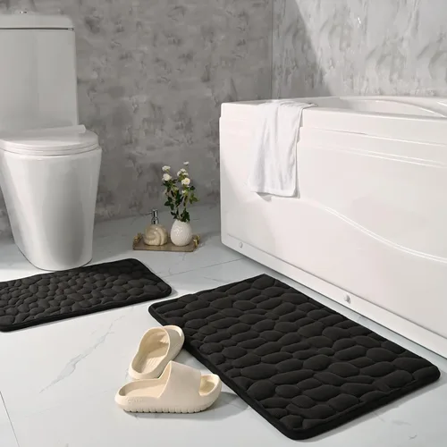 Juego de 2 tapetes de baño de espuma viscoelástica de adoquines, suaves, absorbentes, antideslizantes, para inodoro, ducha, baño, alfombra Negro