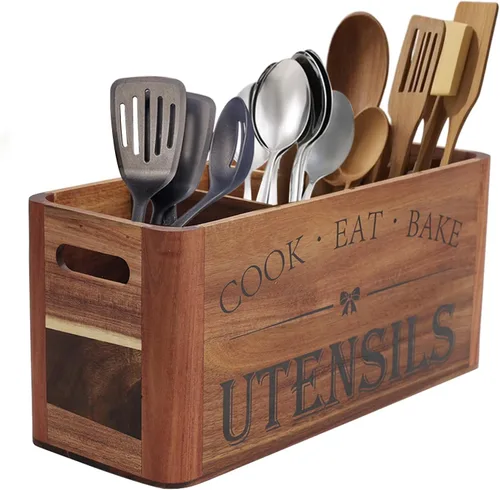 Miniatura 8 de Soporte para utensilios para encimera de cocina, organizador de madera extra grande de 3 compartimentos en madera de acacia, almacenamiento