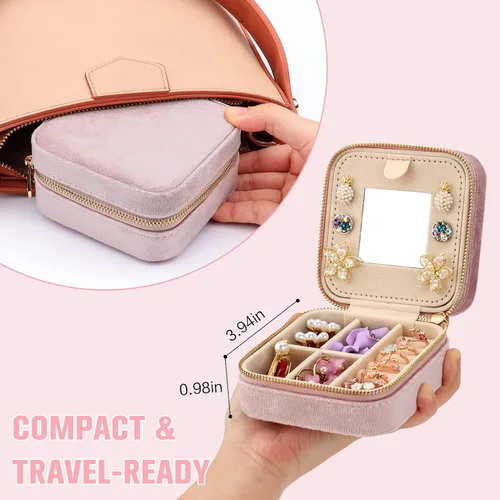 Miniatura 2 de DesignSter Joyero de viaje Mini organizador de joyería de terciopelo, pequeño joyero para niñas y mujeres, caja de almacenamiento de joyas