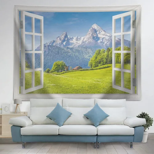 Miniatura 2 de Tapiz de naturaleza, montañas majestuosas en la temporada de primavera con cielo de hierba fresca y paisaje de cabaña de campo, vista de ventana