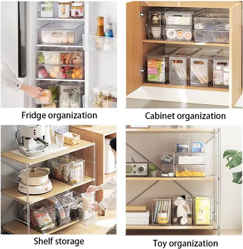 Miniatura 6 de Cajón apilable para nevera con asas, paquete de 3 recipientes grandes transparentes para alimentos con divisores extraíbles, caja de almacenamiento