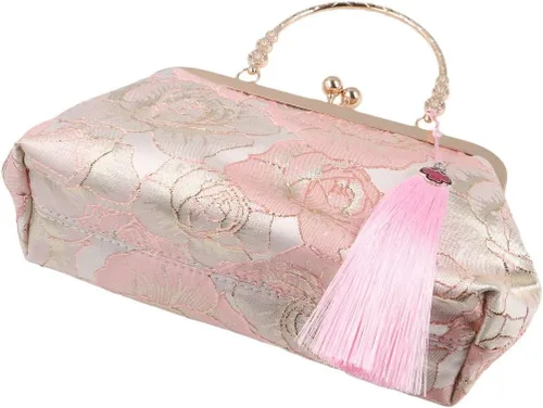 Miniatura 4 de Bolso vintage para mujer, bolso de noche con asa superior, bolso de banquete bordado, estilo chino, cartera, bolso de mensajero de hombro, Rosado