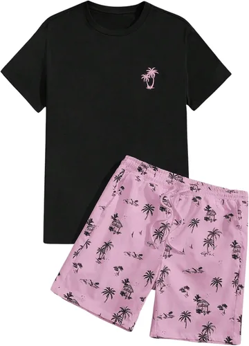 Miniatura 31 de GORGLITTER Conjunto de 2 piezas de camiseta gráfica de manga corta para hombre, estampado hawaiano con cordón y pantalones cortos