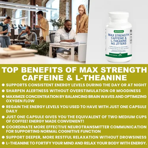 Miniatura 6 de Max Strength Caffeine L Theanine Pills (200 mg/500 mg) – Sin nerviosismo máximo de energía, enfoque, rendimiento, alerta – Pastillas de cafeína