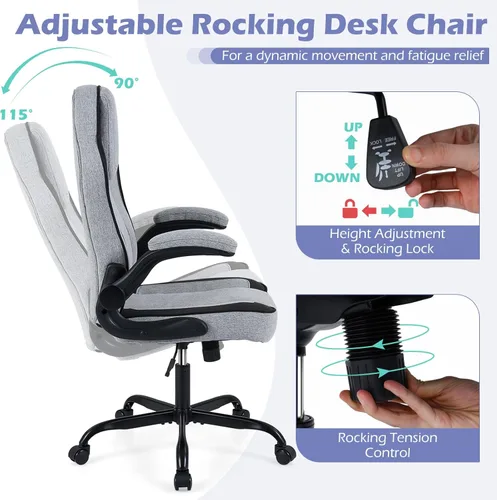 Miniatura 6 de Giantex Silla de oficina ergonómica, silla de escritorio de tela de lino con reposabrazos abatibles de 90°, altura ajustable, función mecedora, Gris
