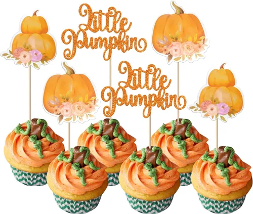 Miniatura 14 de Rsstarxi Paquete de 24 decoraciones de calabaza con purpurina para cupcakes de primer cumpleaños, decoración de pastel de calabaza para el primer