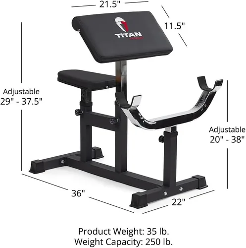 Miniatura 7 de Titan Fitness Estación de peso ajustable de predicador, capacidad de 250 libras, asiento de banco ajustable, reposabrazos ajustable, cierres