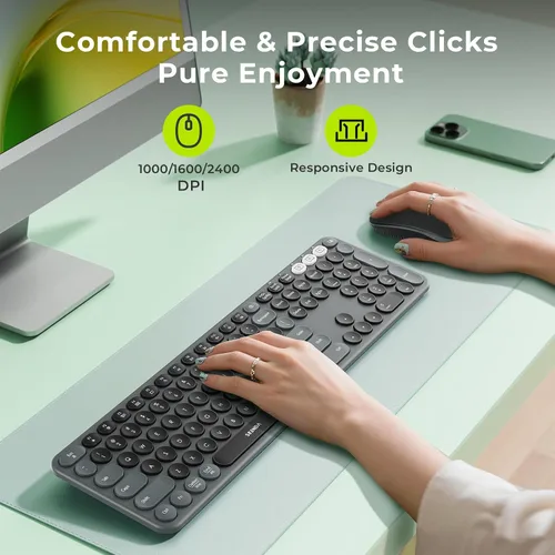 Miniatura 4 de seenda COE202 - Combo de teclado inalámbrico Bluetooth, lindo teclado redondo retro, mouse silencioso, conexión de 3 dispositivos múltiples