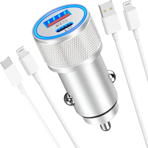 Cargador rápido para automóvil para iPhone, 48 W, puerto dual USB C, adaptador de automóvil de metal con 2 cables Lightning, PD/QC 3.0 tipo C, carga