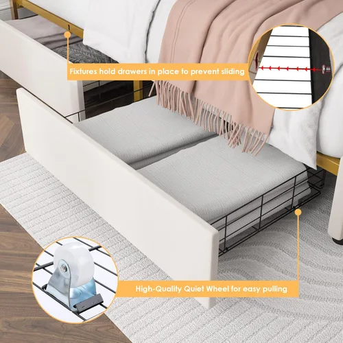 Miniatura 6 de HIFIT Marco de Cama Tapizada King con 4 Cajones de Almacenamiento y Cabecero Acolchado con Botones Hecho a Mano, Cama Plataforma de Almacenamiento