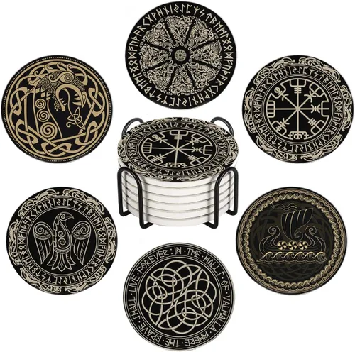 HUXJOKO Juego de 6 posavasos para bebidas, posavasos de cerámica absorbente mágica vikinga negra, alfombrilla redonda de piedra, con base de corcho