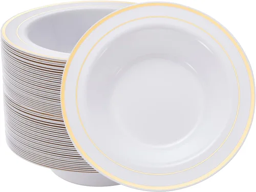 N9R 30 cuencos de plástico desechables con borde dorado, cuencos de plástico blanco elegante de 12 onzas, cuencos de ensalada de postre de primera