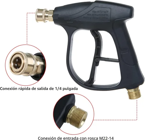 Miniatura 7 de Sooprinse Pistola de lavado de alta presión 3000 PSI Max, pistola corta de lavadora a presión con conector rápido de 1/4 pulgadas, M22-14 Negro