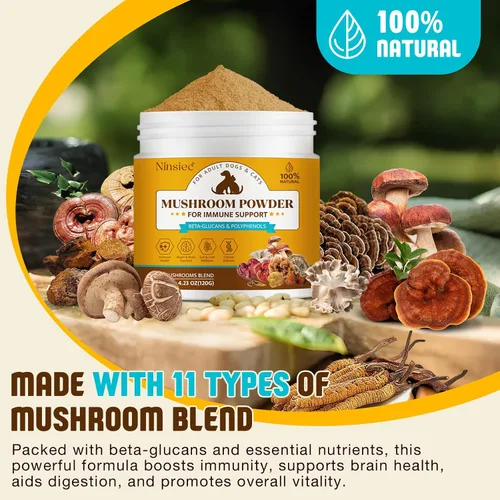 Miniatura 2 de Suplemento orgánico de hongos en polvo para perros y gatos - Complejo de 11 hongos con cola de pavo, reishi y cordyceps, apoya el lipoma, el alivio