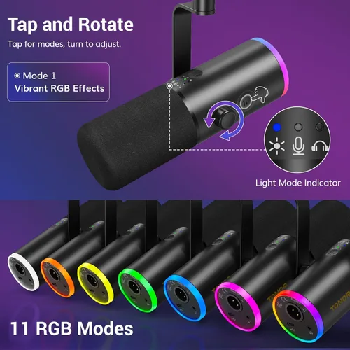 Miniatura 4 de TONOR Micrófono dinámico para juegos, transmisión de micrófono XLR/USB, cancelación de ruido AI, RGB controlable, Tap Mute, conector