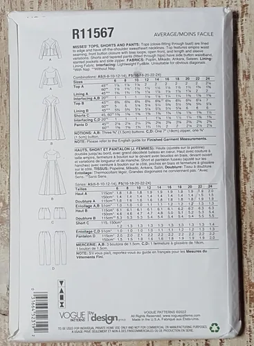 Miniatura 2 de Patrón de costura Vogue R11567 Tops, pantalones cortos y pantalones de señoritas F5 (16-18-20-22-24)