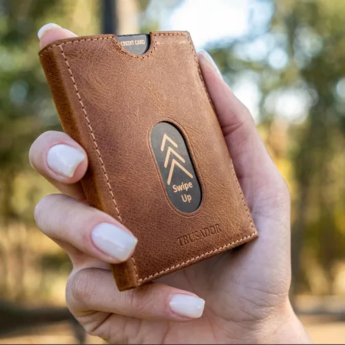 Miniatura 6 de TRUSADOR Valencia Cartera de piel unisex pequeña compacta bolsillo frontal RFID con bolsillo monedero, Coñac, Con bolsillo para monedas