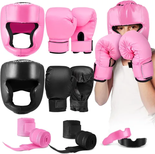 Miniatura 9 de Kanayu Juego de 12 piezas de equipo de boxeo para niños principiantes de 6 a 18 años, incluye casco de boxeo y guantes, vendas, protectores bucales