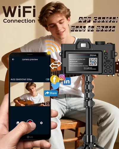 Miniatura 4 de Cámara digital 5K para fotografía con WiFi 48MP cámara de vlogging para principiantes con pantalla abatible, gran angular y lente macro, micrófono