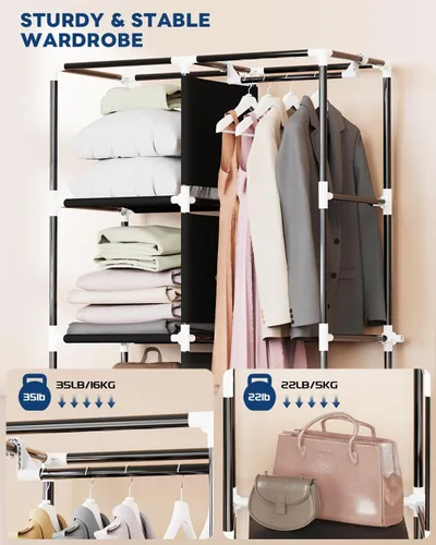 Miniatura 4 de Mavivegue Armario portátil, Armario de ropa, Armario portátil para colgar ropa, para dormitorio y sala de estar, Negro, 2 filas, 34" de ancho x 18