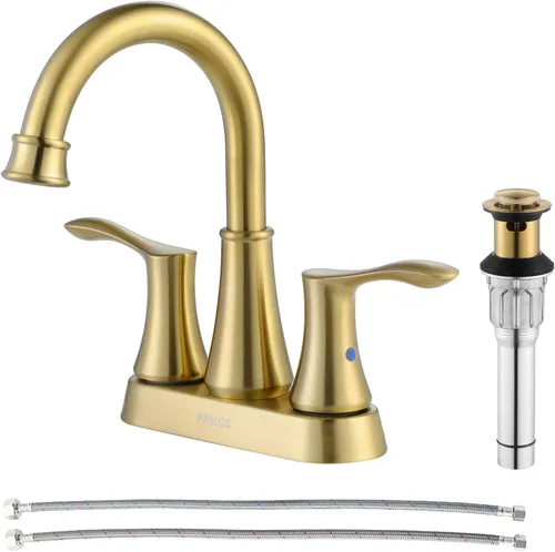 PARLOS Grifo de baño giratorio con 2 manijas de oro cepillado con drenaje emergente y líneas de suministro, Demeter 1362708