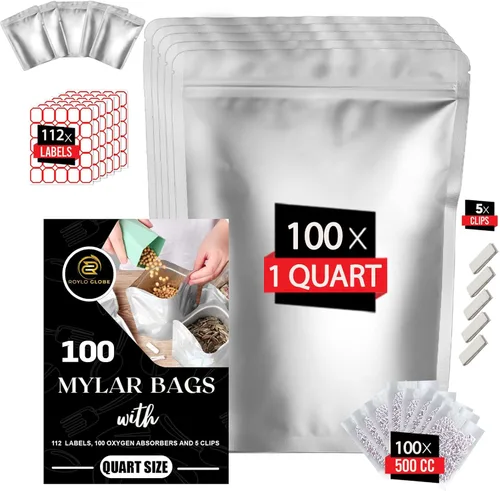 100 bolsas de Mylar de un cuarto de galón con absorbentes de oxígeno de 100 x 500 cc, 112 etiquetas y bolsas resellables herméticas reutilizables de