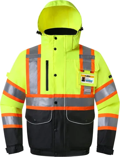 JKSafety Chaqueta bomber de invierno reflectante 3M impermeable de alta visibilidad con 10 bolsillos | Parte inferior amarillo neón negro | Bolsillo