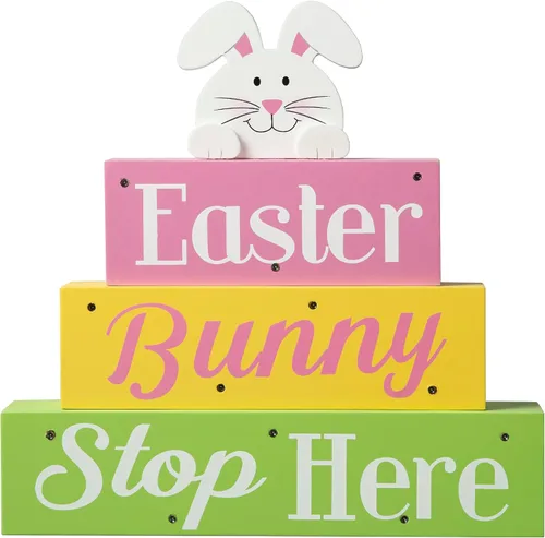 Miniatura 4 de Glitzhome Letrero de mesa de madera con luz LED, diseño de conejito de Pascua con texto para primavera, suministros de fiesta de Pascua